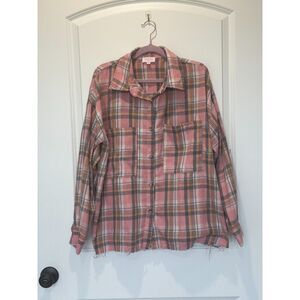 Pink Lily Flannel Button Down Pink Plaid Raw Hem Size Large